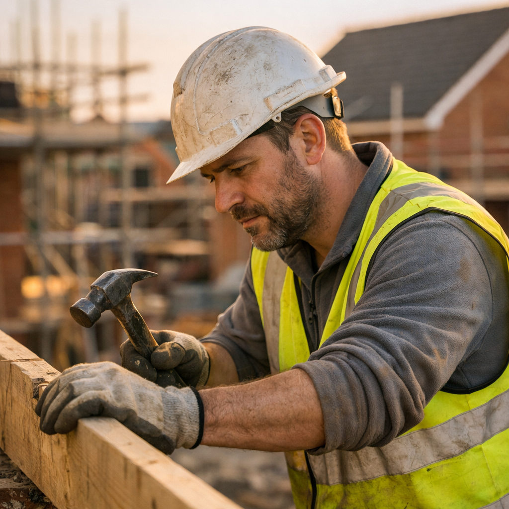 Construction worker in hi-vis gear on UK site hiring now