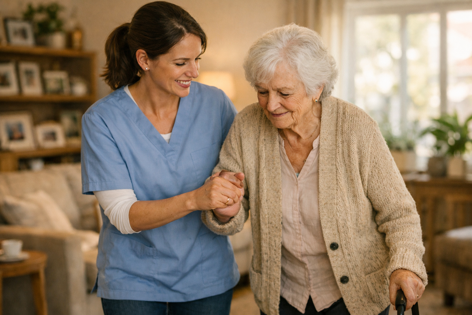 Care assistant supporting elderly client in immediate start care role